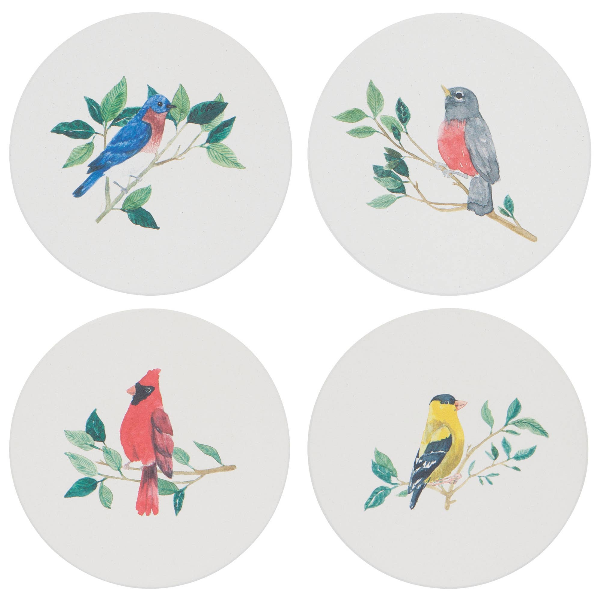 Four coasters with bird illustrations on a white background