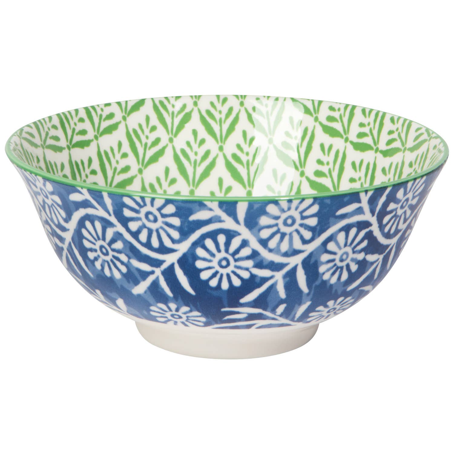 Bowl with blue and white floral pattern on one side and green and white geometric leaf pattern on the inside.