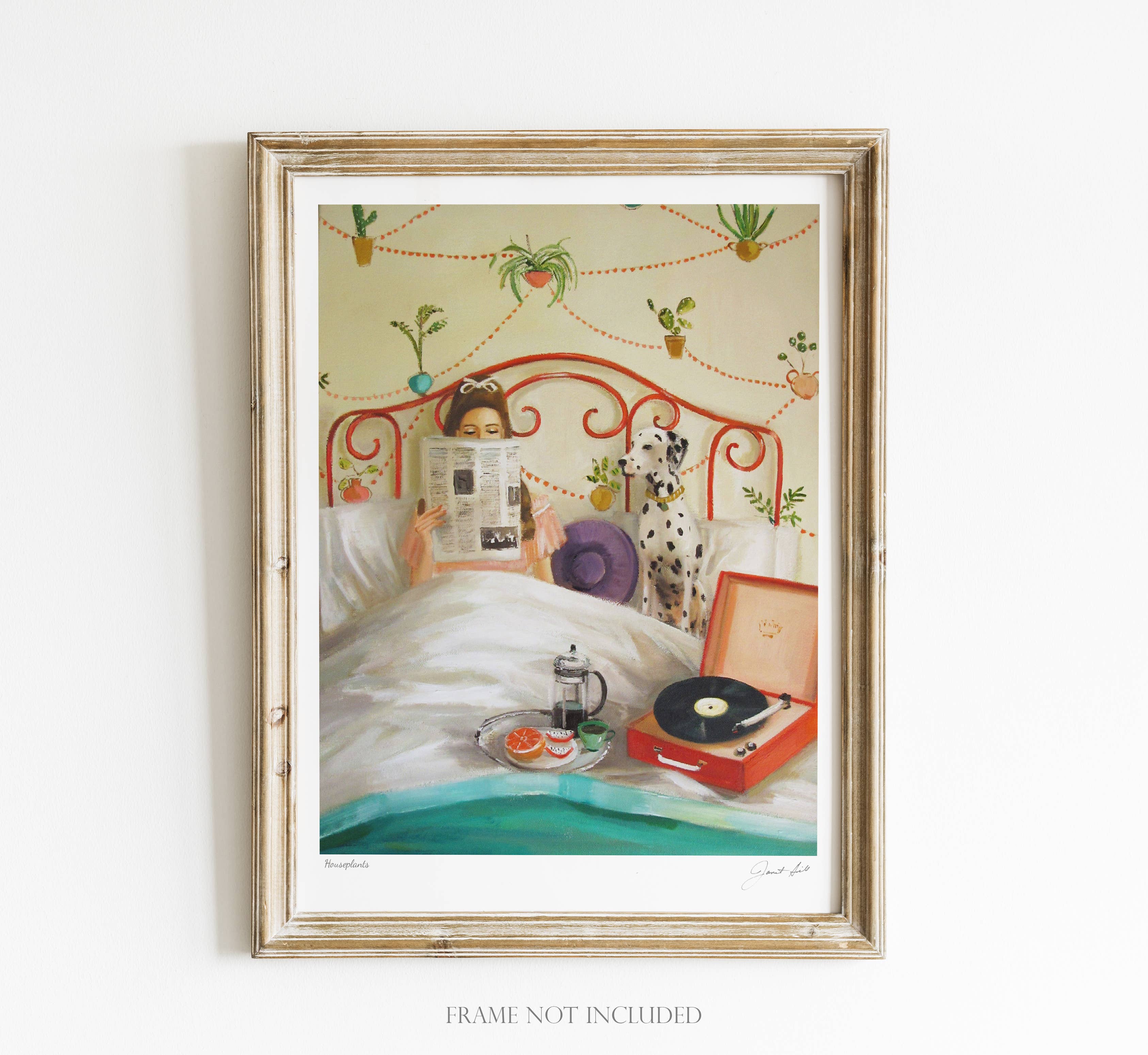 Artwork of a retro print of a stylish woman in bed with her dalmatian, a record player and newspaper, on a white background.