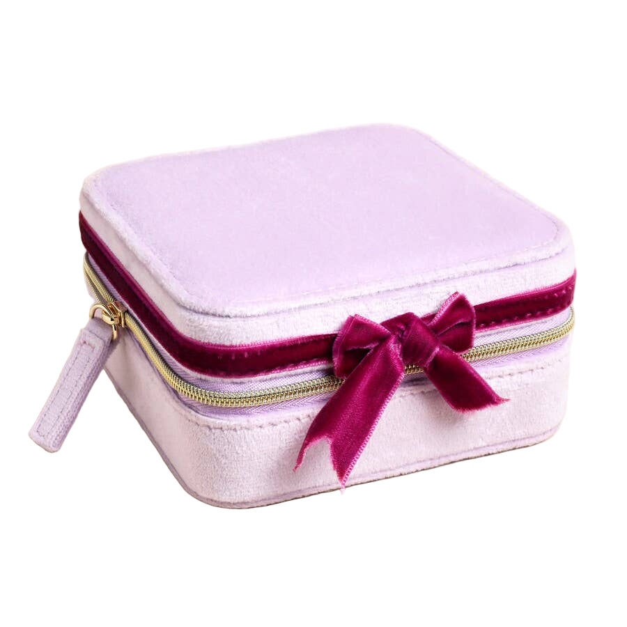 Lilac velvet jewelry box with a burgundy bow