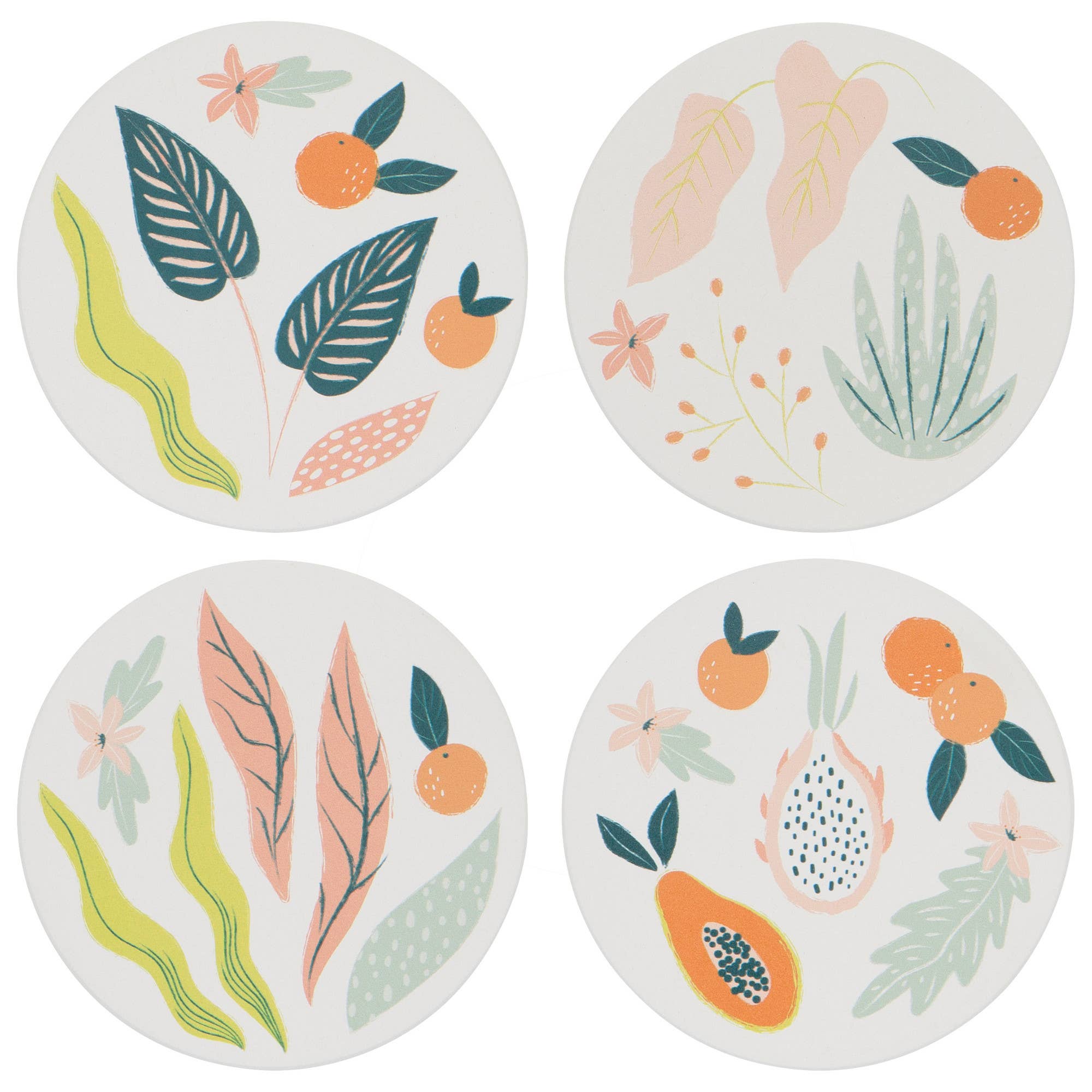 Set of four round coasters with floral and leaf and fruit designs on a white background