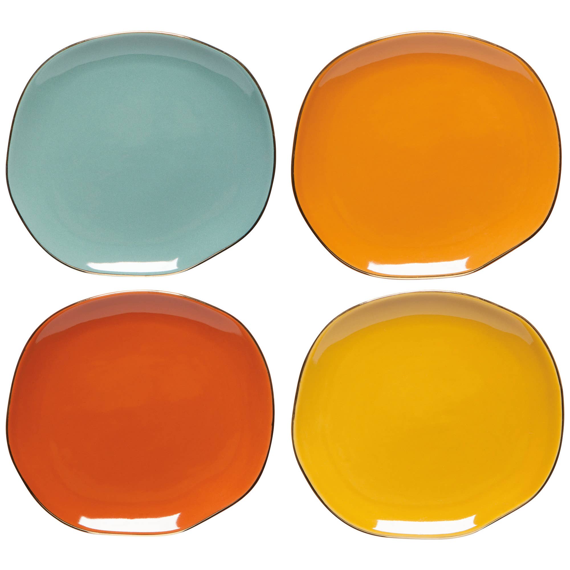 Four colorful pebble side plates in teal, orange, red, and yellow.