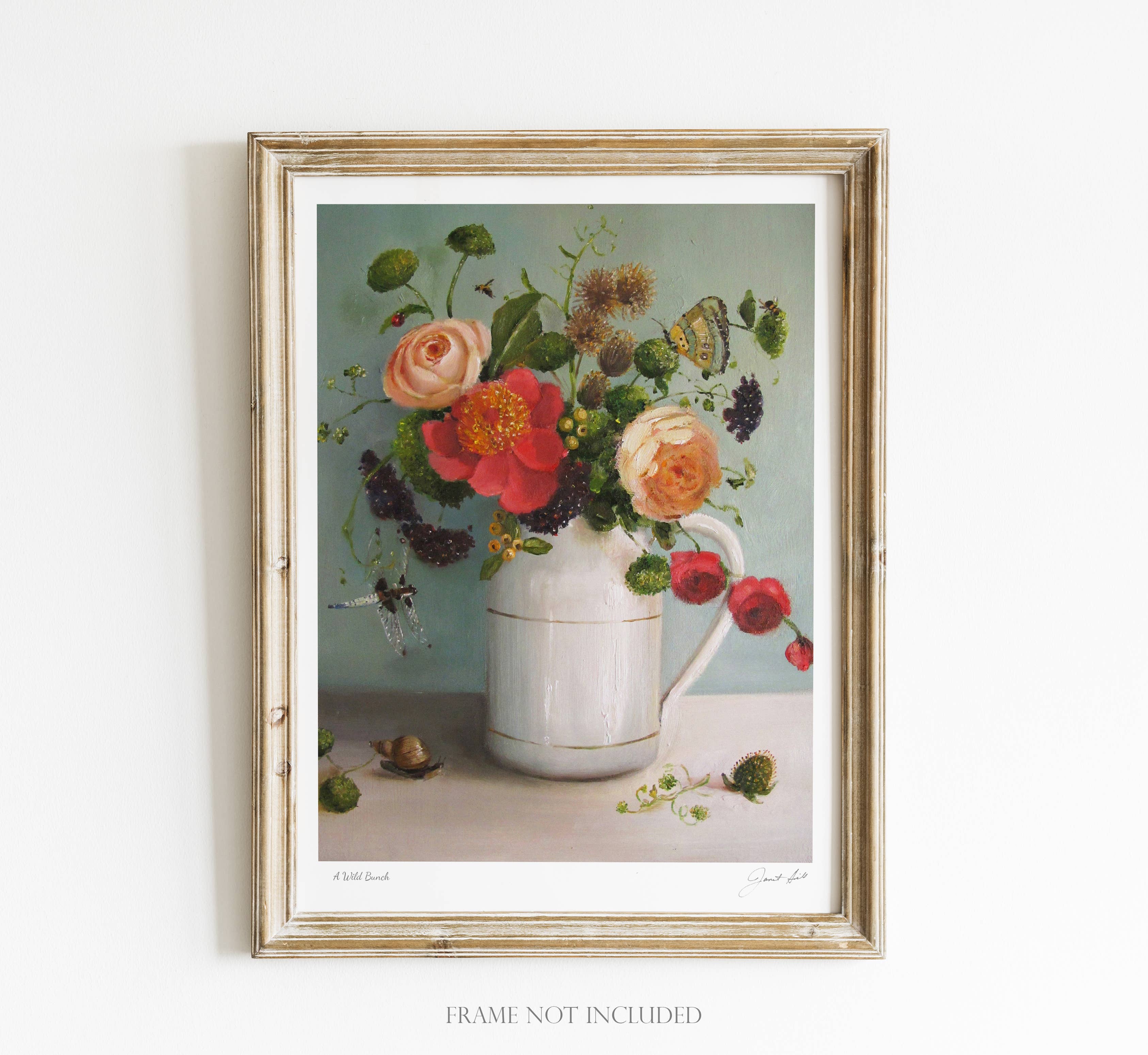 Artwork of a floral arrangement with a white pitcher on a light background