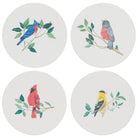 Four coasters with bird illustrations on a white background