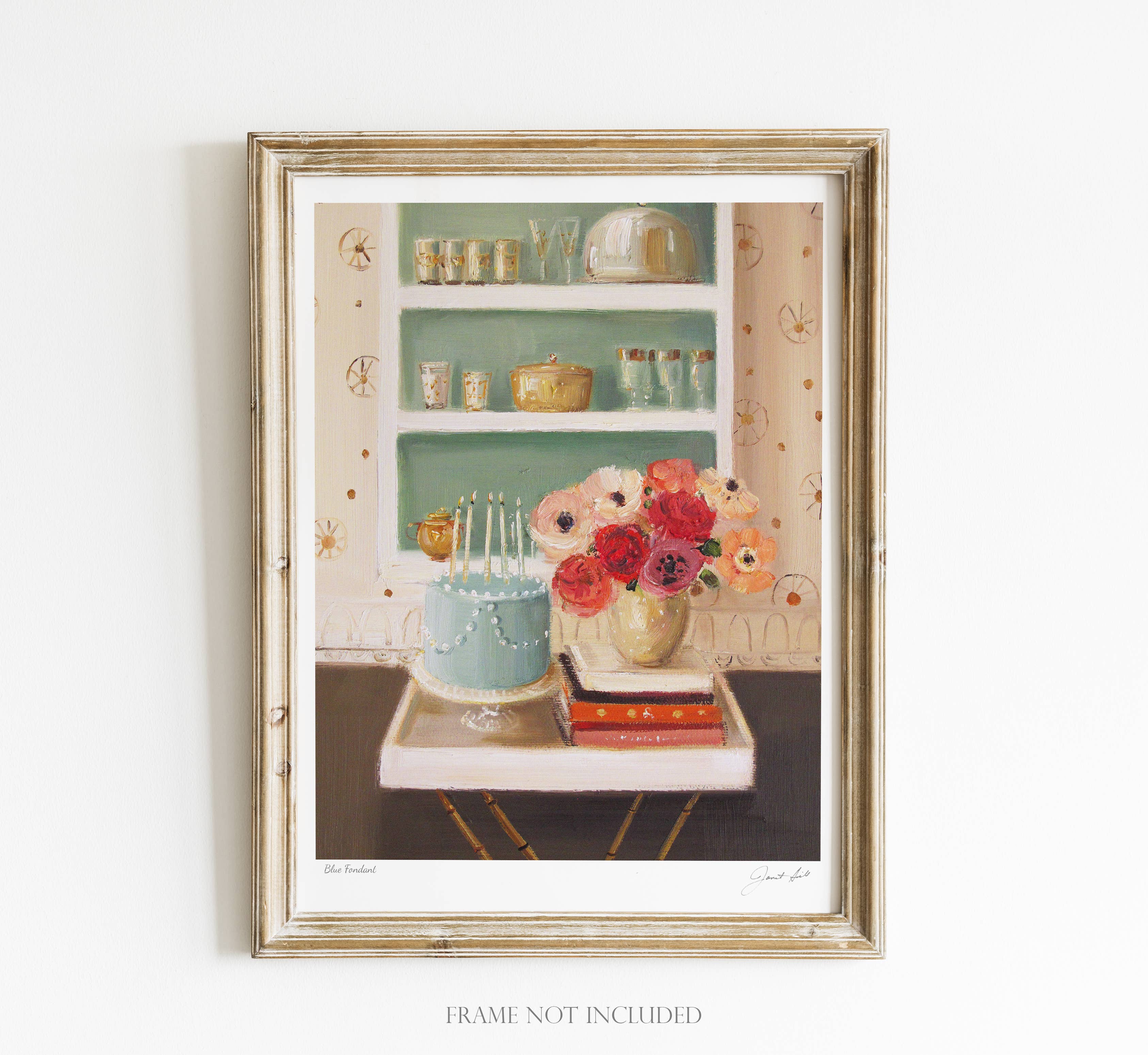 Artwork of a kitchen scene with birthday cake and flowers and books on a table.