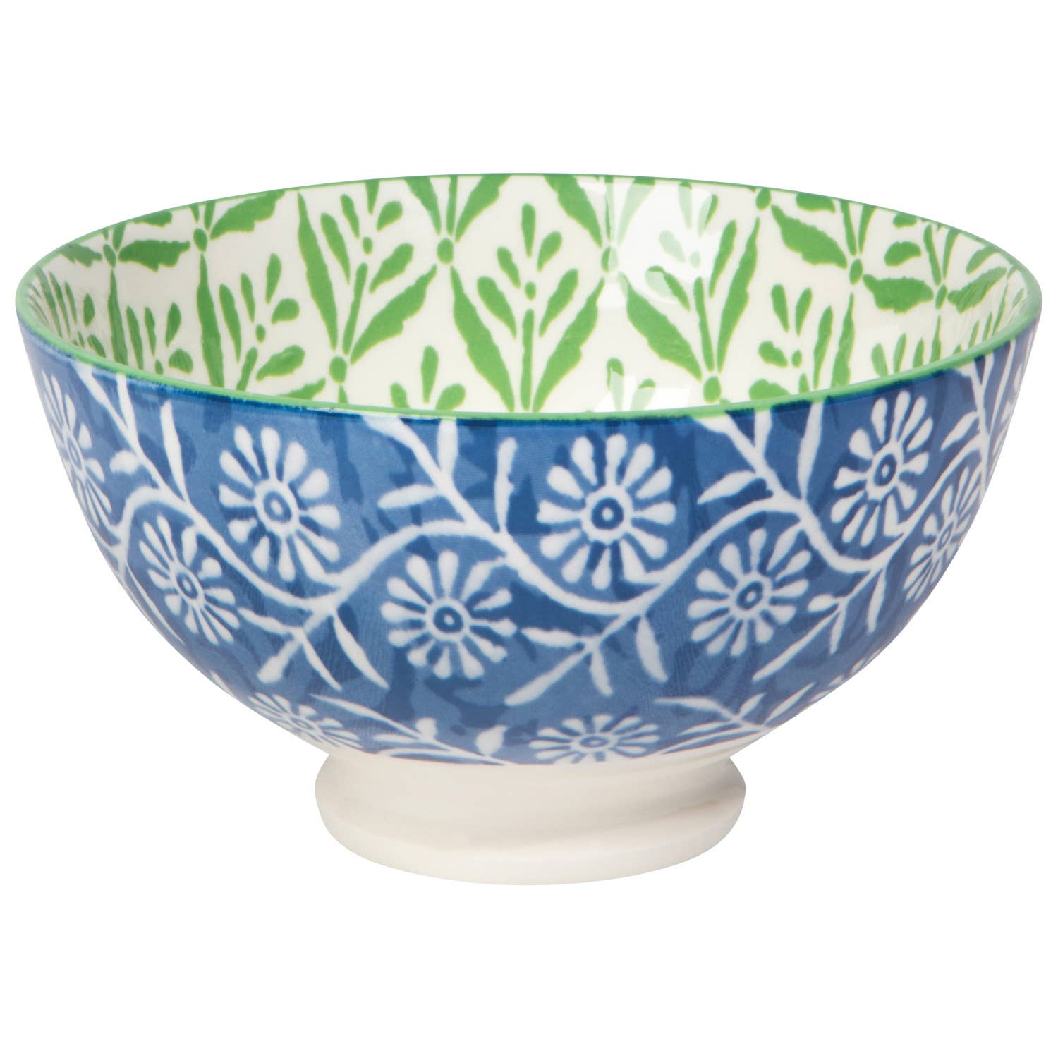Ceramic bowl with blue and white floral pattern outside and green and white leaf pattern inside.