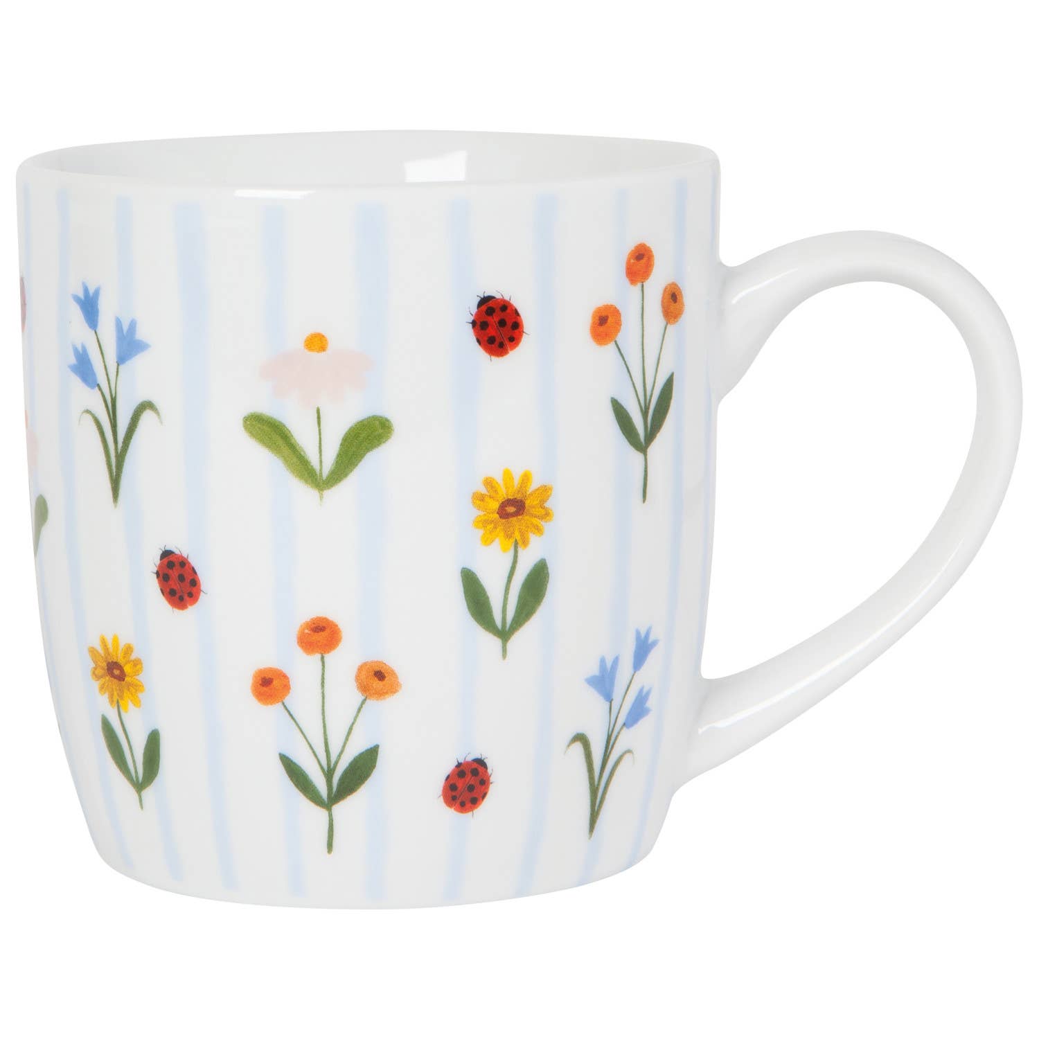 Mug with floral and ladybug and blue stripe design on a white background