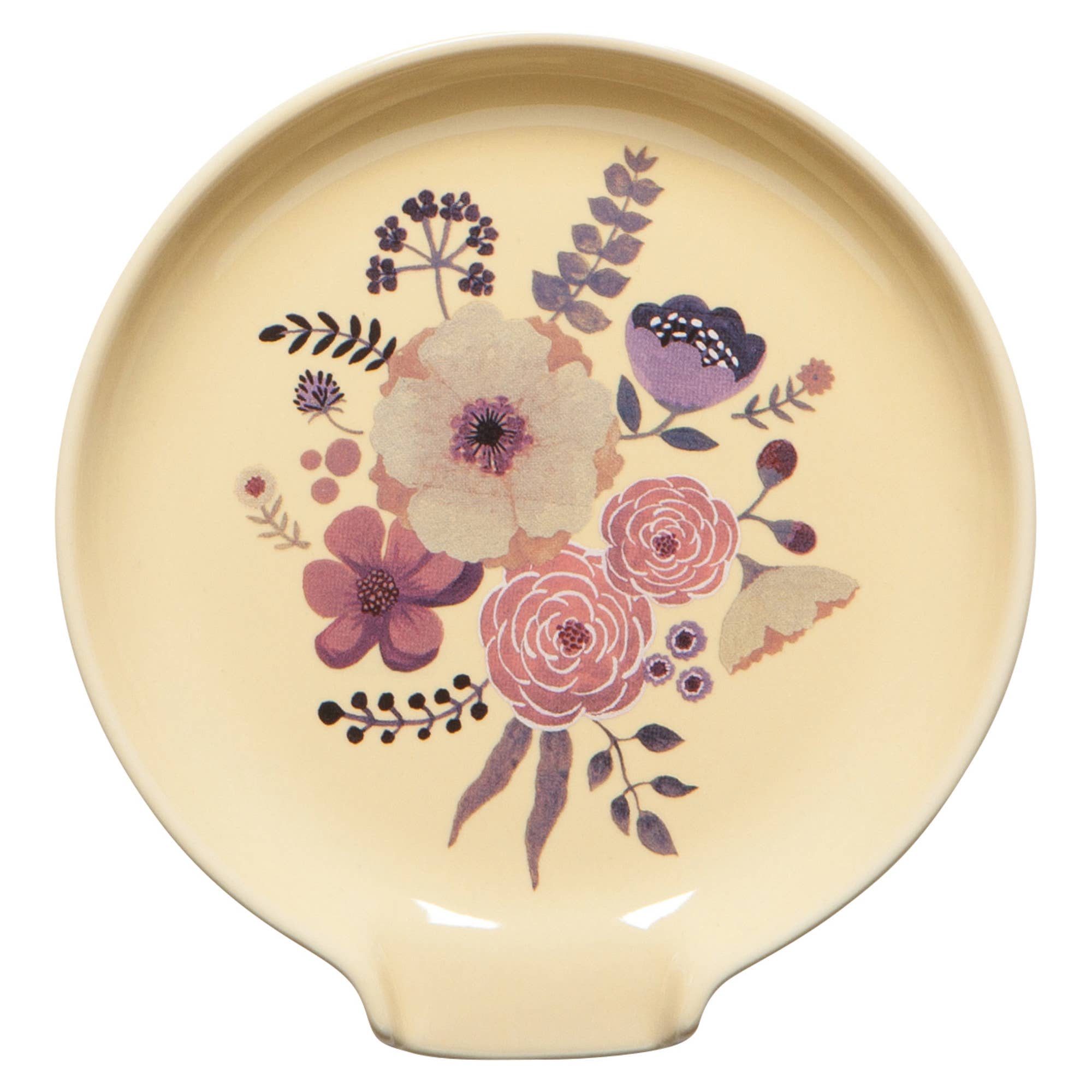 Round ceramic spoonrest with floral design on a beige background