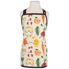 Colorful apron with cartoon food character designs for kids.