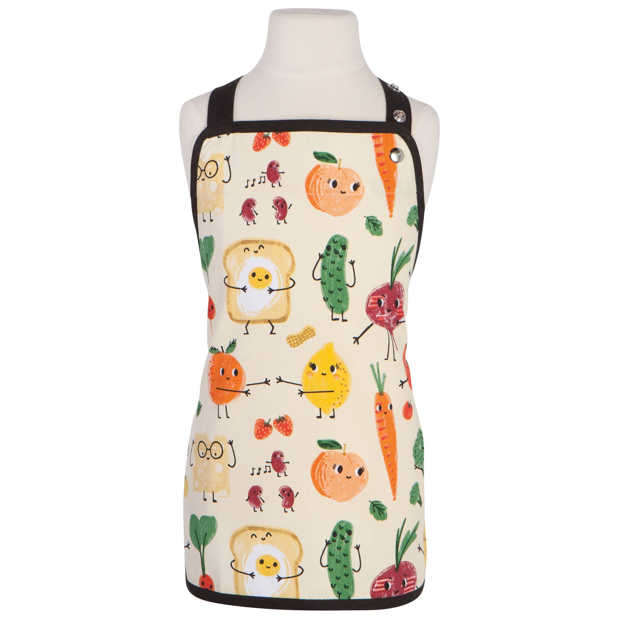 Colorful apron with cartoon food character designs for kids.