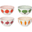 Set of four ceramic bowls with smiling funny vegetable-themed designs on a white background