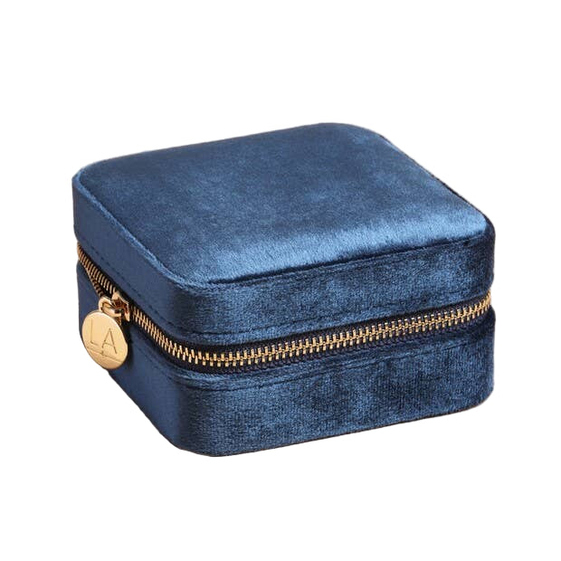 Navy blue velvet jewelry box travel case gold zipper