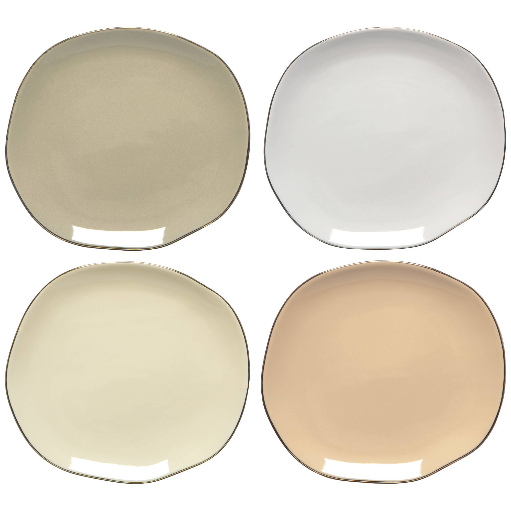 Four round ceramic side plates in beige, white, and brown on a white background