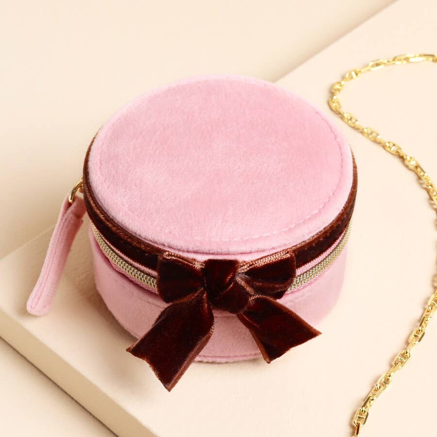 Pink Round Velvet Jewelry Box with burgundy bow