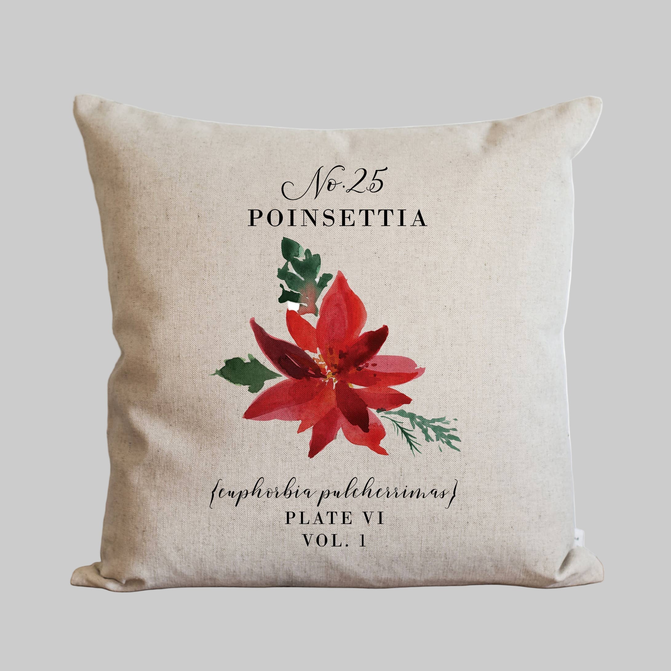 Decorative pillow cover with red poinsettia design.