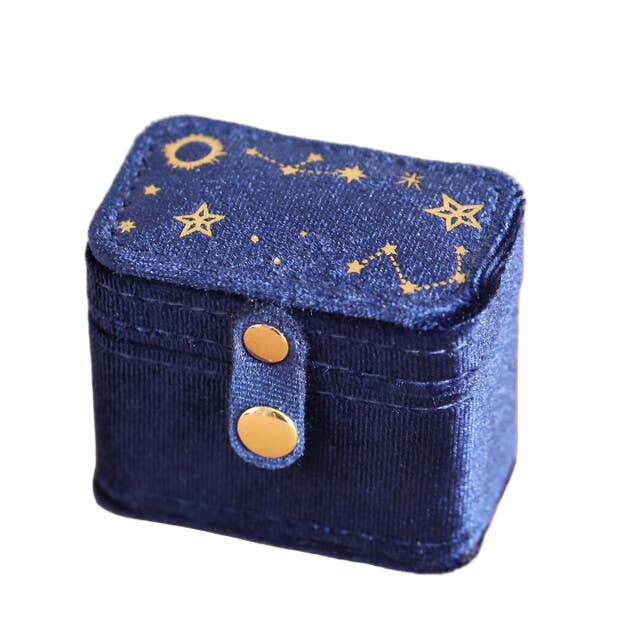 Royal Blue velvet jewelry ring box with star and moon designs 