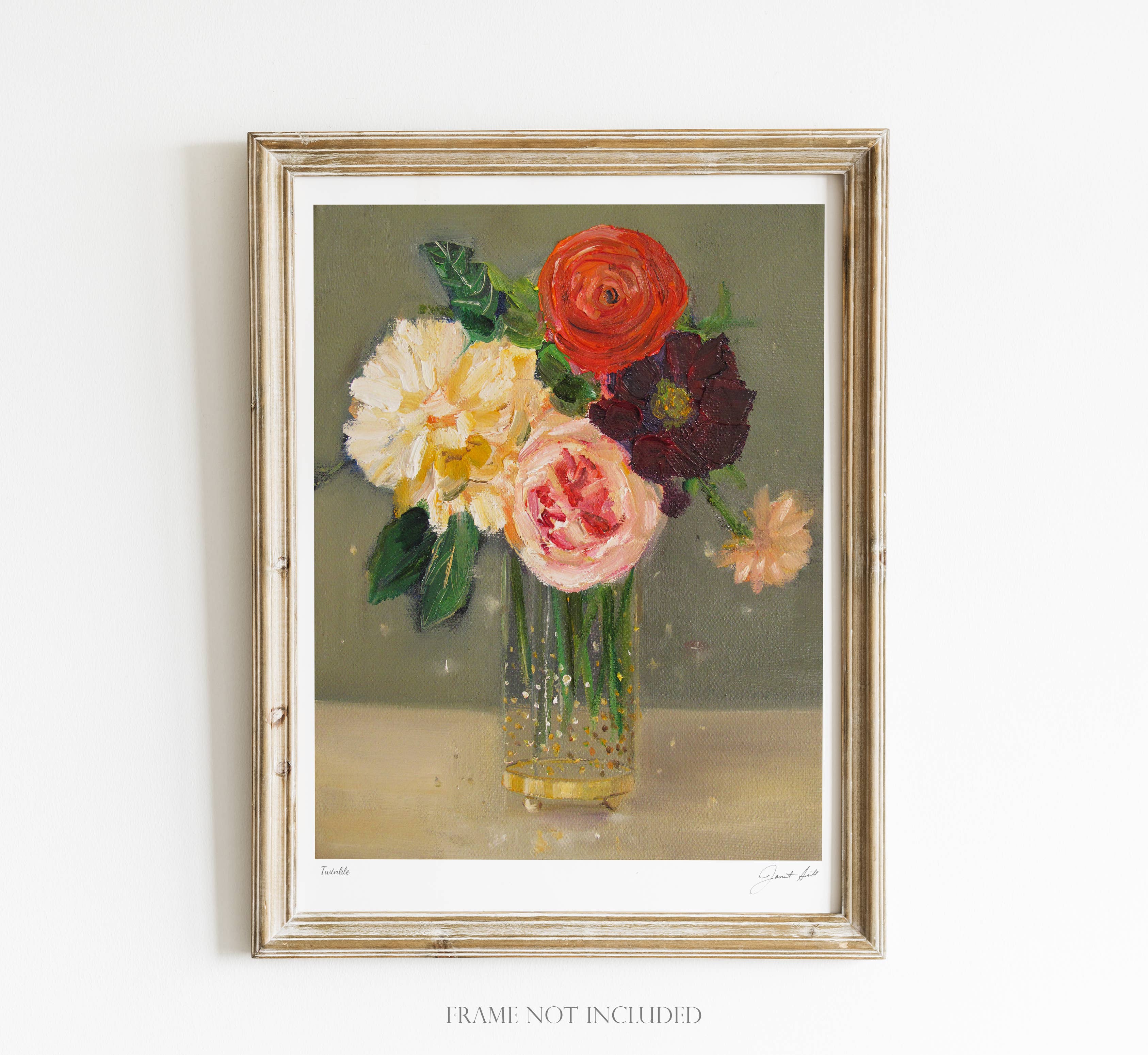 Artwork of a bouquet of flowers with a gold sparkle vase on a white background